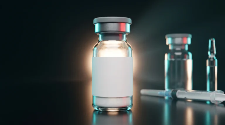 Vial de los péptidos RUO con la etiqueta en blanco, junto a un disolvente y una jeringa: la imagen de lo que research use only no garantiza.