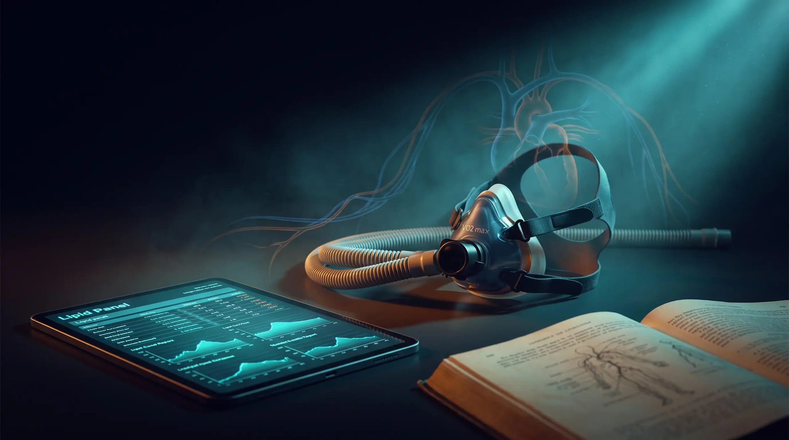 Panel lipídico en una tablet médica, máscara de VO2 max y un libro de medicina abierto sobre fondo oscuro, una representación de los ejes de la medicina preventiva de Peter Attia.