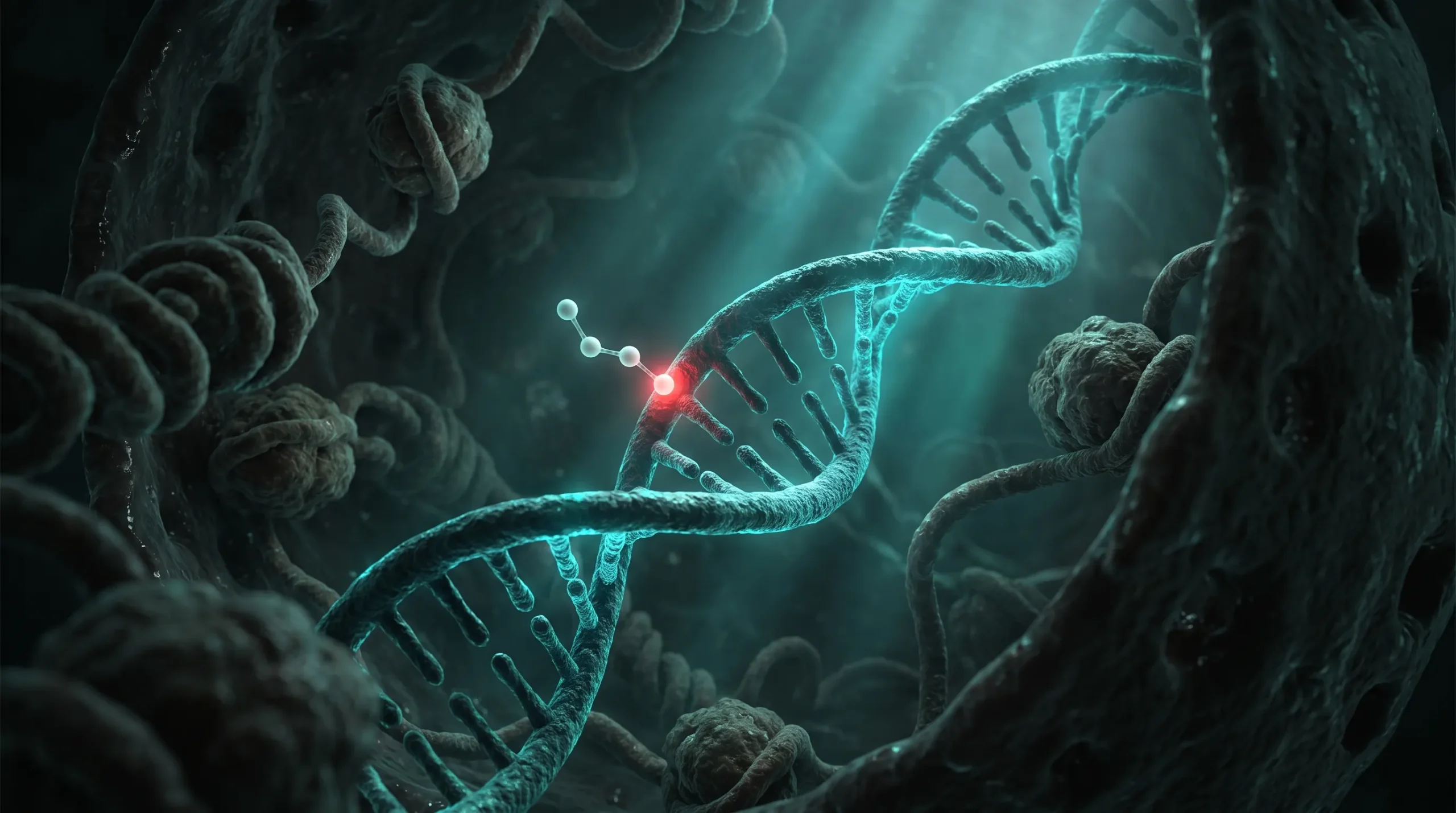 Ilustración molecular de un tripéptido acercándose al ADN dentro del núcleo de una neurona, que representa el mecanismo propuesto para el pinealon.