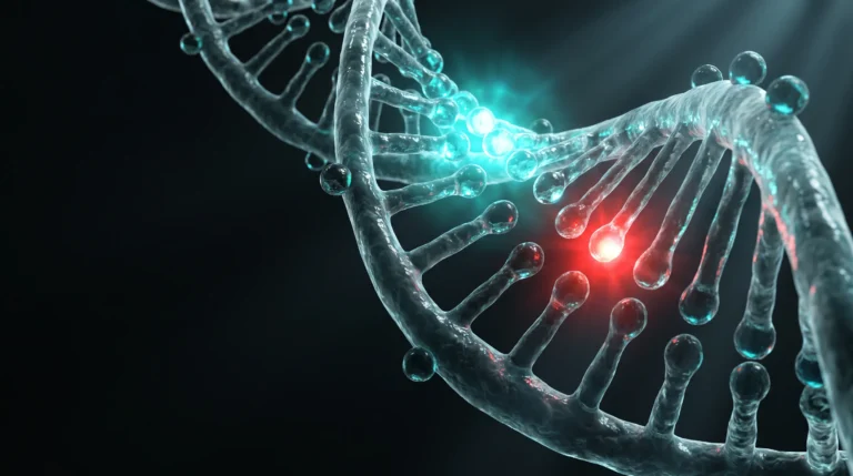 Ilustración molecular de la doble hélice del ADN con grupos metilo iluminados sobre sitios CpG, el patrón que leen los relojes epigenéticos para estimar la edad biológica.