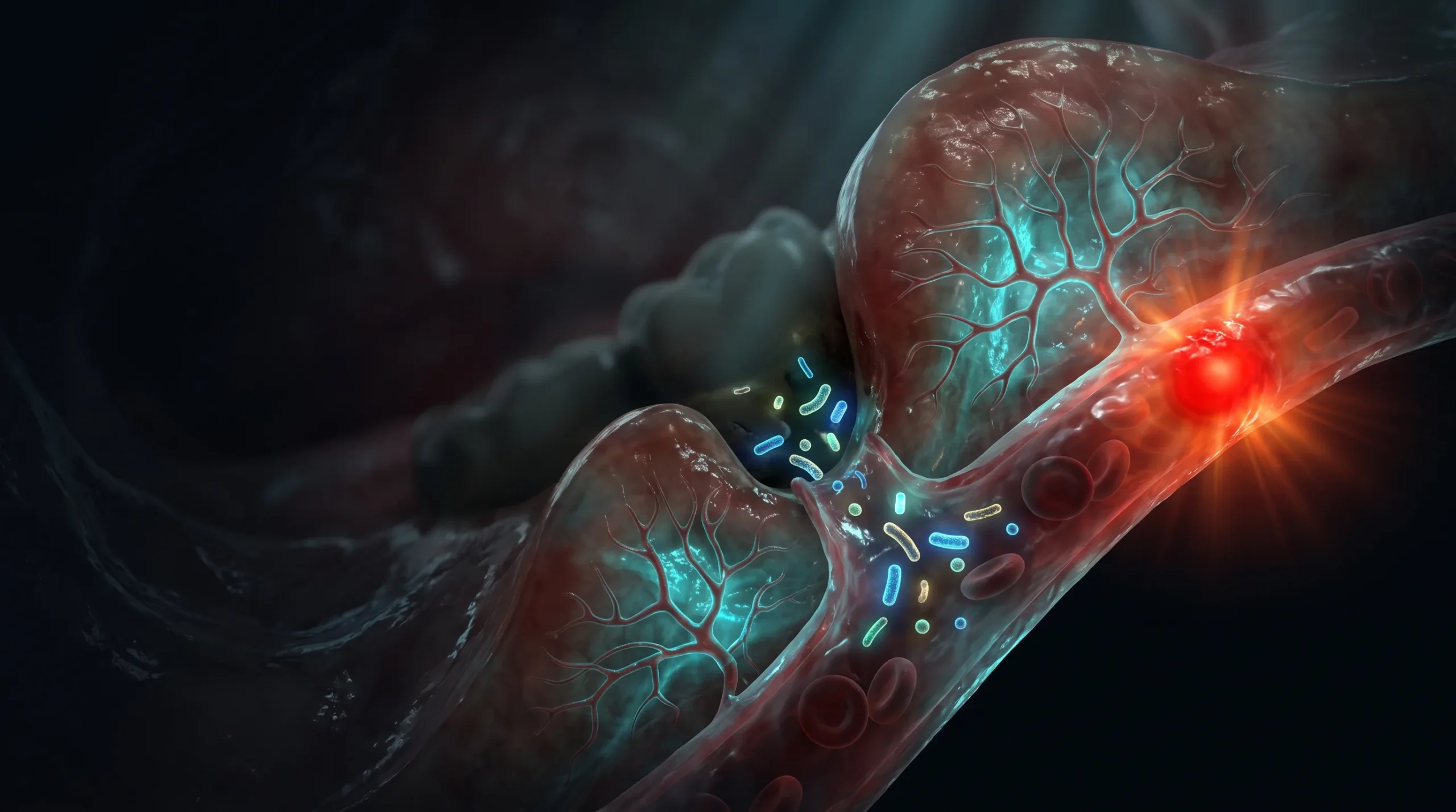 Ilustración del eje entre salud periodontal y riesgo cardiovascular, con bacterias orales pasando de la encía inflamada al torrente sanguíneo.