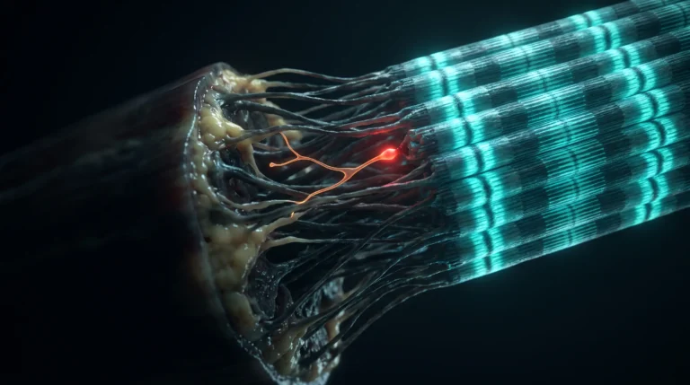 Ilustración de la sarcopenia a escala microscópica, con fibras musculares sanas que se adelgazan y se infiltran de grasa mientras una terminal nerviosa pierde su conexión.