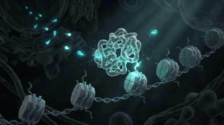Ilustración de una enzima de la familia de las sirtuinas en el núcleo de una célula, quitando una marca química de la cromatina con la energía del NAD+.