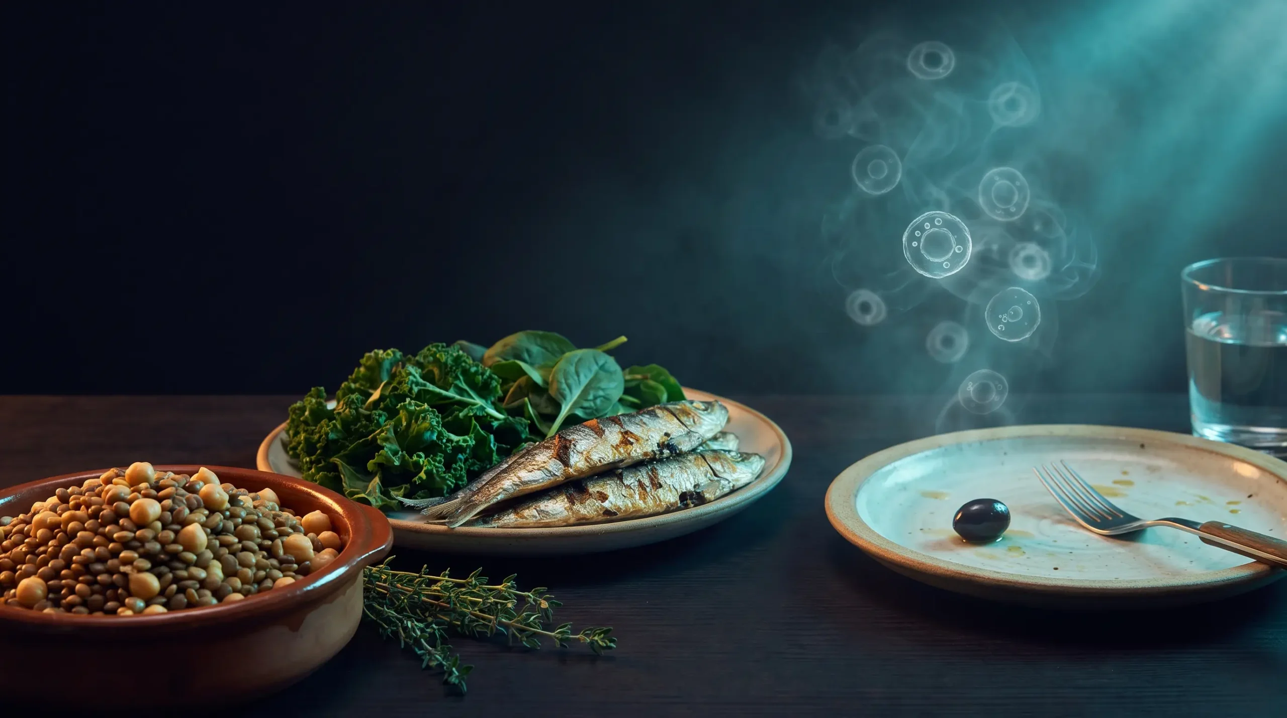 Cuenco de legumbres, verduras de hoja, una porcion de pescado y un plato casi vacio sobre fondo oscuro, una representacion de la dieta de la longevidad y el ayuno periodico de Valter Longo.