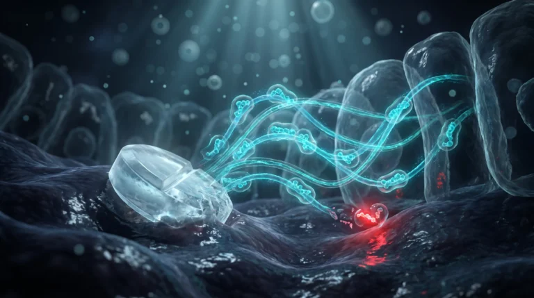 Ilustración médica hiperrealista de un comprimido de semaglutida disolviéndose en la mucosa gástrica, imagen sobre Wegovy oral y la absorción del péptido por vía digestiva.