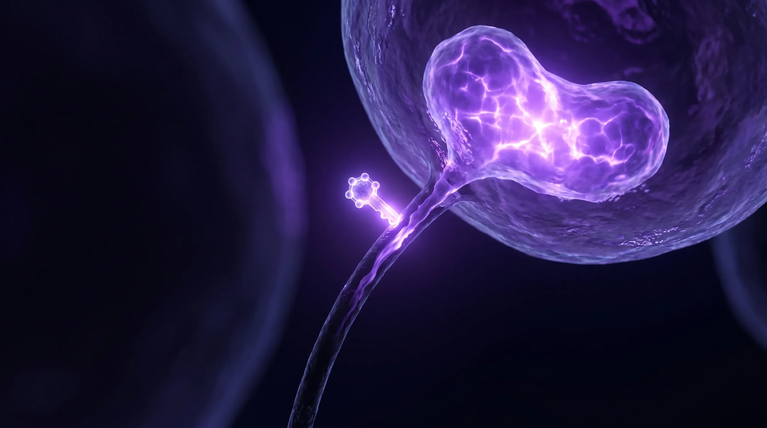 Una llave molecular sella un conducto que drenaba la energía de una célula y el depósito de NAD violeta se llena de nuevo, representando la inhibición de NNMT por 5-Amino-1MQ.