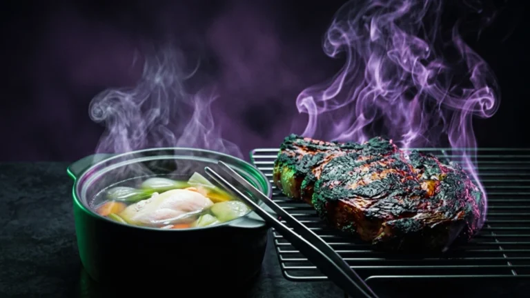 Composición que contrapone carne muy tostada a la parrilla y una olla al vapor, sobre fondo oscuro con luz violeta.