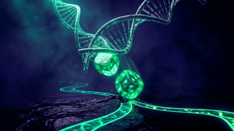 Dos dados de luz verde esmeralda saliendo de una doble hélice de ADN y abriendo dos caminos divergentes sobre fondo oscuro, como metáfora de los genes repartidos al azar en la concepción.