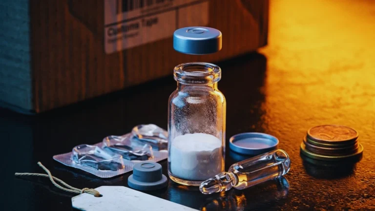 Vial de péptido liofilizado despiezado con tapón, cápsula, ampolla de agua y etiqueta en blanco sobre fondo oscuro con luz dramática.
