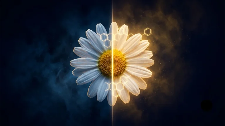 Flor de manzanilla partida por un haz de luz entre una atmósfera azul nocturna y un resplandor dorado, con estructuras moleculares hexagonales luminosas emergiendo de los pétalos, sobre fondo oscuro.