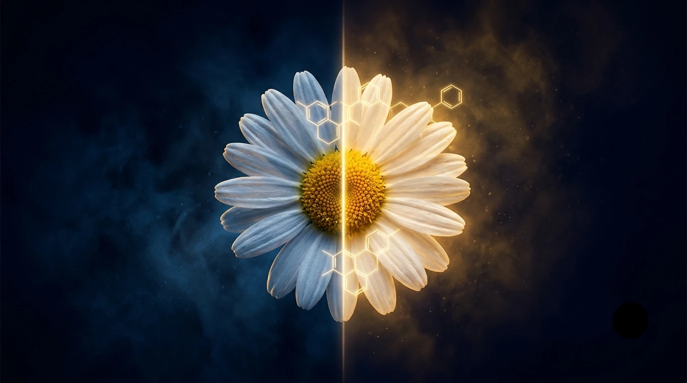 Flor de manzanilla partida por un haz de luz entre una atmósfera azul nocturna y un resplandor dorado, con estructuras moleculares hexagonales luminosas emergiendo de los pétalos, sobre fondo oscuro.