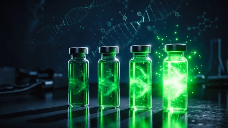 Cuatro viales de laboratorio en fila con luz verde de distinta intensidad sobre fondo oscuro, metáfora de la carrera de la reprogramación celular.