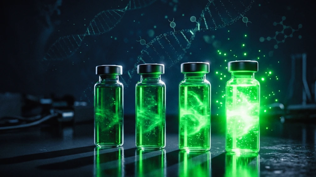 Cuatro viales de laboratorio en fila con luz verde de distinta intensidad sobre fondo oscuro, metáfora de la carrera de la reprogramación celular.