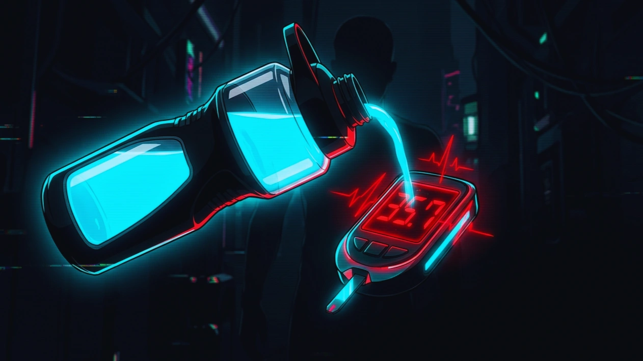 Botella vertiendo liquido cian hacia un medidor de cetonas cuya cifra se dispara en rojo neon, con una silueta humana sin cambios detras, estetica AKIRA, cetonas exogenas.