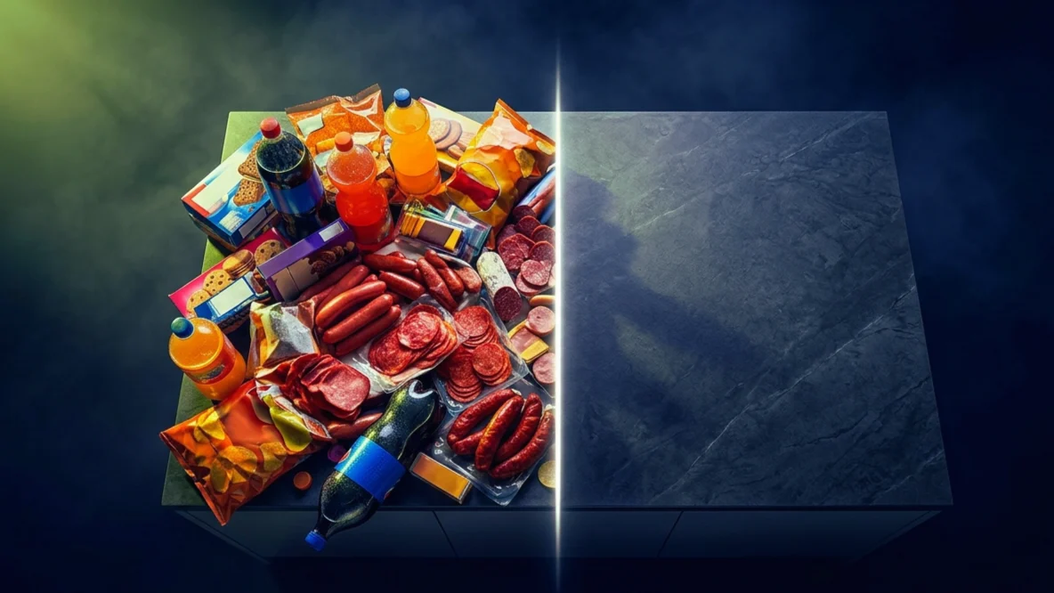 Mesa de cocina dividida en dos: a un lado comida ultraprocesada (embutidos, refrescos, galletas, snacks salados), al otro una encimera limpia y vacía, iluminación verde lima editorial sobre fondo oscuro.
