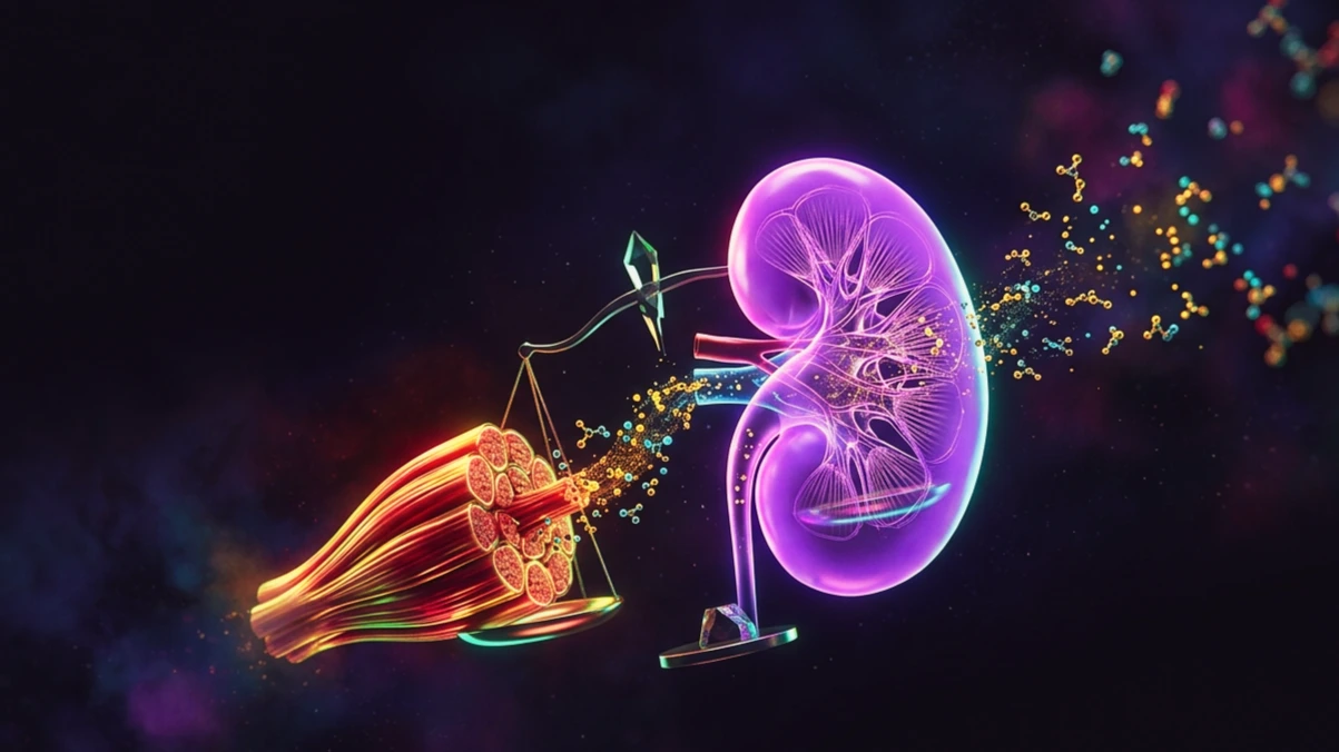 Render 3D en violeta de un riñón con malla de filtrado y una fibra muscular liberando moléculas de creatinina hacia él, sobre fondo índigo, ilustrando que la creatinina es un residuo del músculo que el riñón filtra.