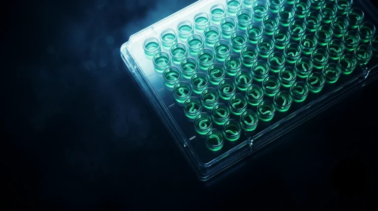 Placa de laboratorio con una rejilla de pocillos, cada uno con un gusano microscópico iluminado en verde, bajo luz robótica, que evoca un cribado automatizado de alto rendimiento.