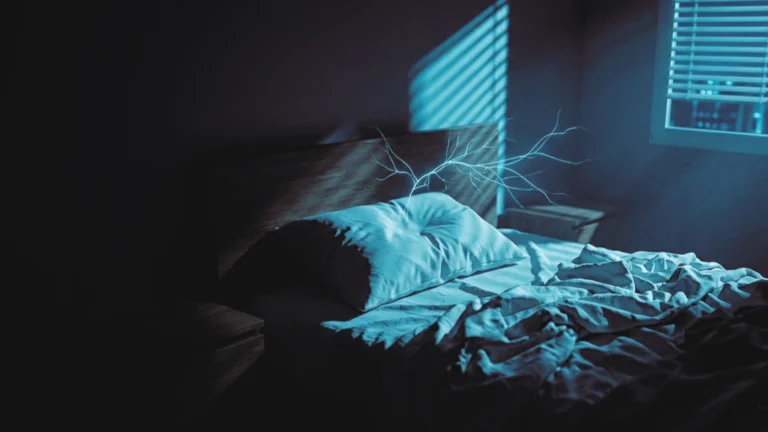 Cama vacía y deshecha en un dormitorio a oscuras con luz azul de madrugada entrando por la persiana y un filamento de luz sobre la almohada.