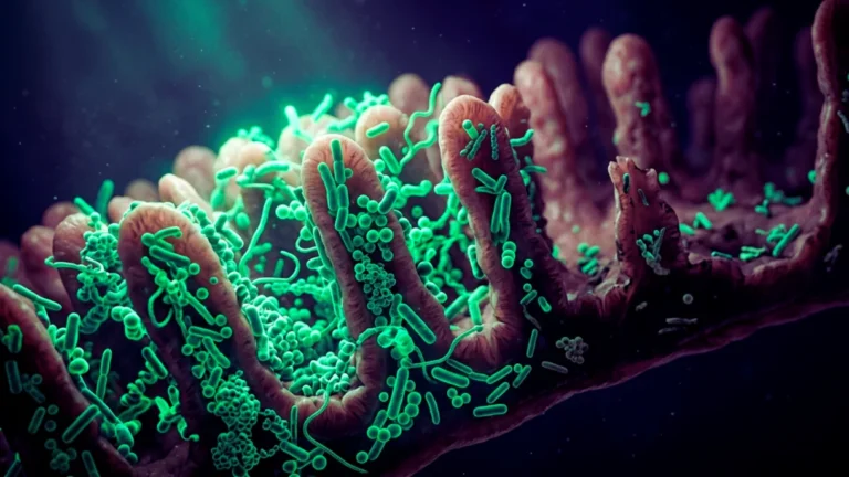 Corte estilizado de la pared intestinal con un ecosistema diverso de microbios verde esmeralda, equilibrado a un lado y empobrecido al otro, sobre fondo oscuro, como metáfora de la microbiota en equilibrio y en desequilibrio.