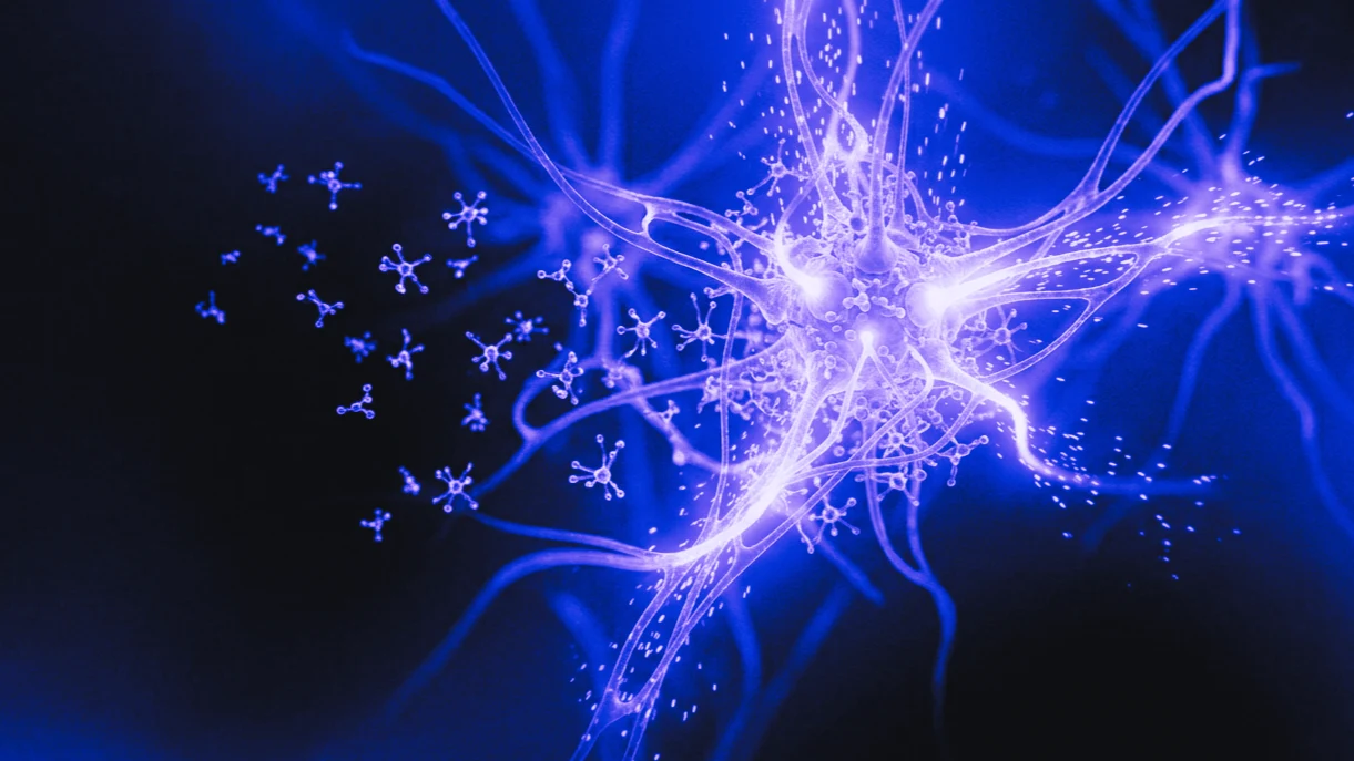 Circuito neuronal de recompensa en azul reactivándose con destellos de energía, ilustrando el efecto del ejercicio sobre el ánimo.