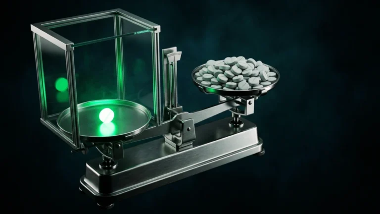 Balanza de laboratorio con una sola pastilla luminosa en un platillo y un cúmulo de pastillas apagadas en el otro, sobre fondo verde oscuro, metáfora del número necesario a tratar de las estatinas.
