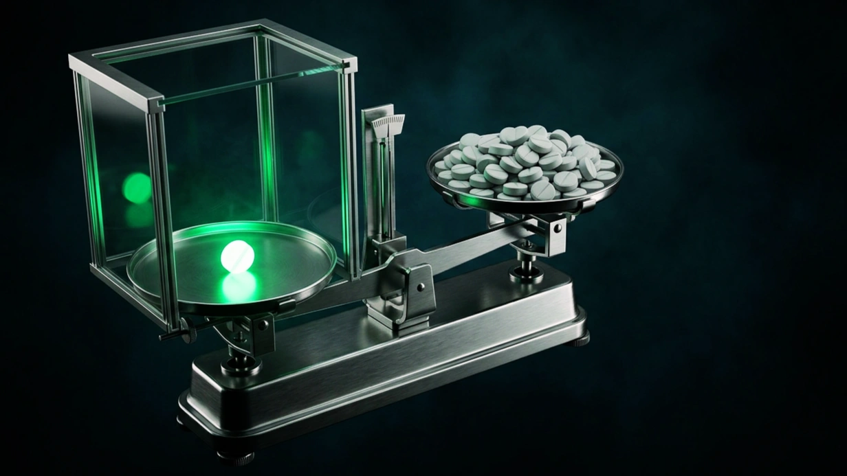 Balanza de laboratorio con una sola pastilla luminosa en un platillo y un cúmulo de pastillas apagadas en el otro, sobre fondo verde oscuro, metáfora del número necesario a tratar de las estatinas.