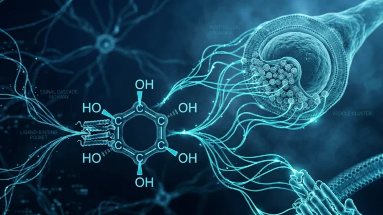 Molécula de myo-inositol en turquesa con una cascada de señalización celular que conecta con un folículo ovárico y un receptor de insulina sobre fondo oscuro.