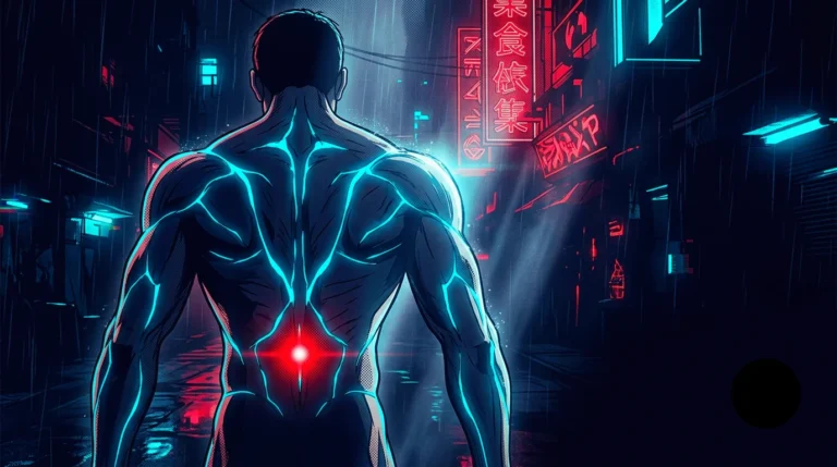 Ilustración estilo anime cyberpunk de Neo-Tokyo de la espalda musculada de una figura vista de espaldas, recorrida por líneas de energía cian, con un punto rojo de advertencia en la base de la columna.