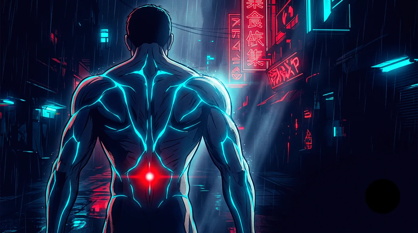 Ilustración estilo anime cyberpunk de Neo-Tokyo de la espalda musculada de una figura vista de espaldas, recorrida por líneas de energía cian, con un punto rojo de advertencia en la base de la columna.