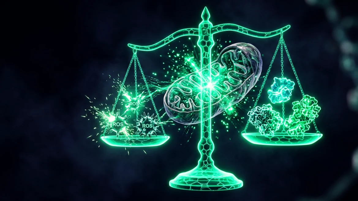 Concepto en 3D del equilibrio redox en verde sobre fondo índigo, con radicales libres a un lado y enzimas antioxidantes al otro y una mitocondria como fuente, ilustrando el estrés oxidativo.