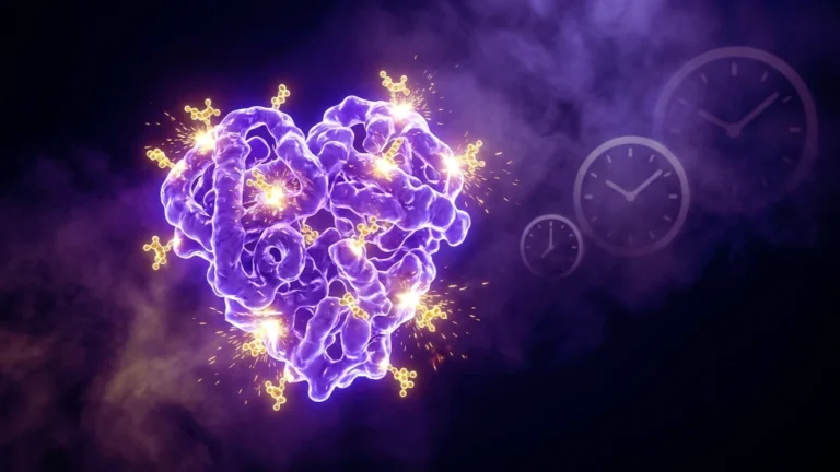 Estructura 3D de la proteína albúmina en violeta sobre fondo índigo, con moléculas de glucosa unidas a su superficie y motivos de relojes al fondo, ilustrando la fructosamina como media del azúcar de las últimas semanas.