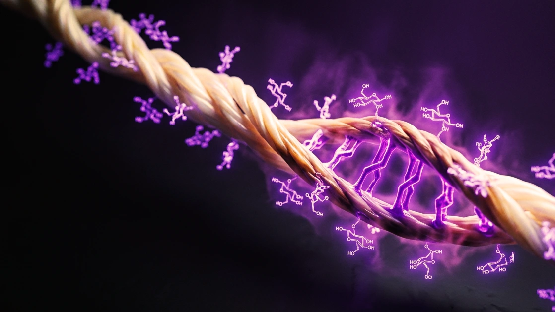 Moléculas de glucosa en violeta entrecruzándose con una fibra de colágeno sobre fondo oscuro, ilustrando la glicación.
