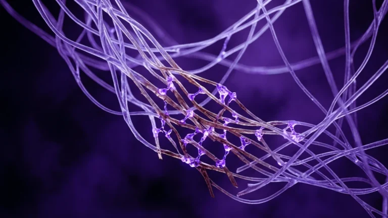 Red de fibras de colágeno en violeta entrecruzadas por moléculas de azúcar, ilustrando la glicación de la piel.