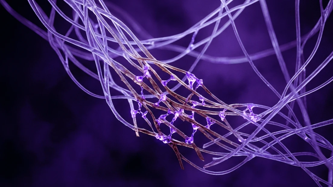 Red de fibras de colágeno en violeta entrecruzadas por moléculas de azúcar, ilustrando la glicación de la piel.