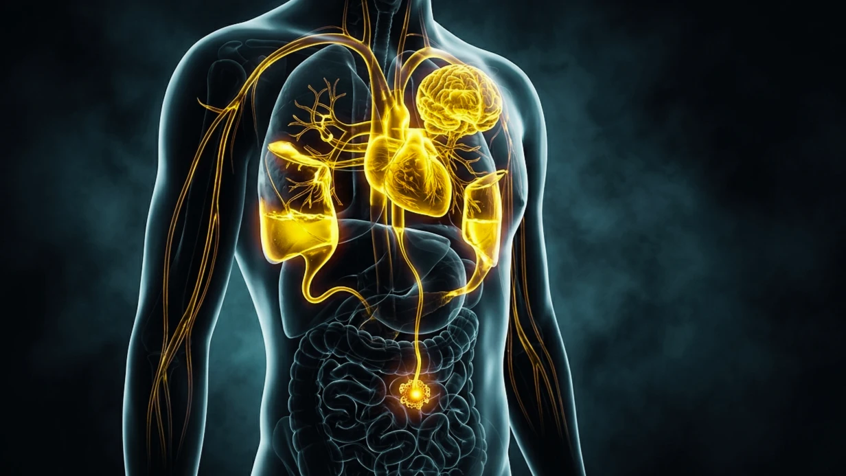 Torso humano translúcido con ríos de luz dorada que representan flujos de capital desviándose hacia silos de enfermedades mientras solo un hilo fino alcanza el núcleo del envejecimiento, sobre fondo índigo oscuro.