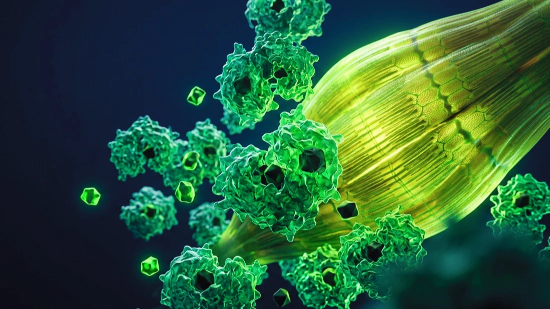 Fibras musculares con moléculas verdes inhibidoras siendo atrapadas por partículas de proteína mayores mientras la fibra liberada crece y brilla.