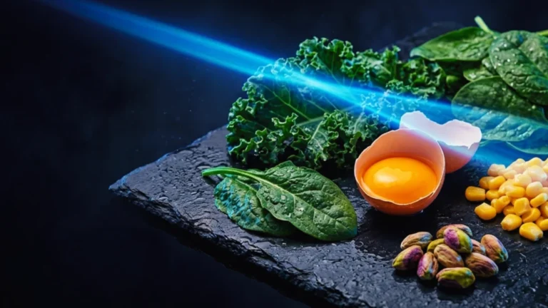 Primer plano dramatico de un iris humano color ambar atravesado por un haz de luz azul, rodeado de hojas verdes de kale y espinaca, una yema de huevo dorada y granos de maiz amarillo sobre pizarra oscura con iluminacion azul electrica editorial.