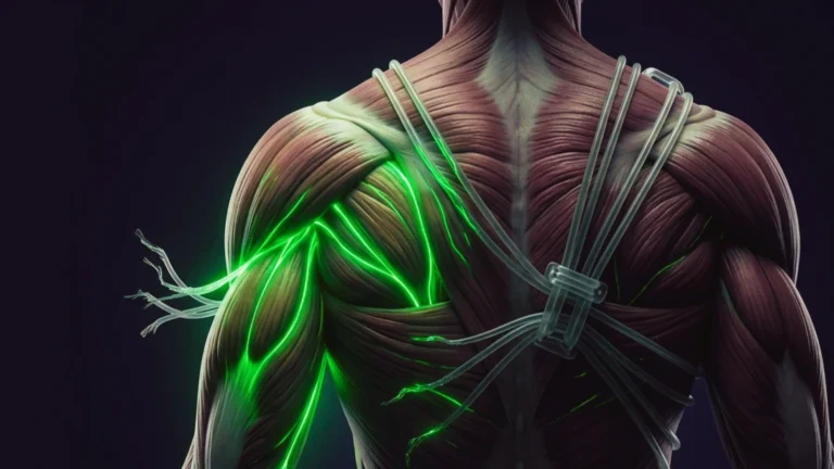 Anatomía muscular con hilos de señalización verde retenidos por cables biológicos, una mitad frenada y otra liberándose y creciendo.