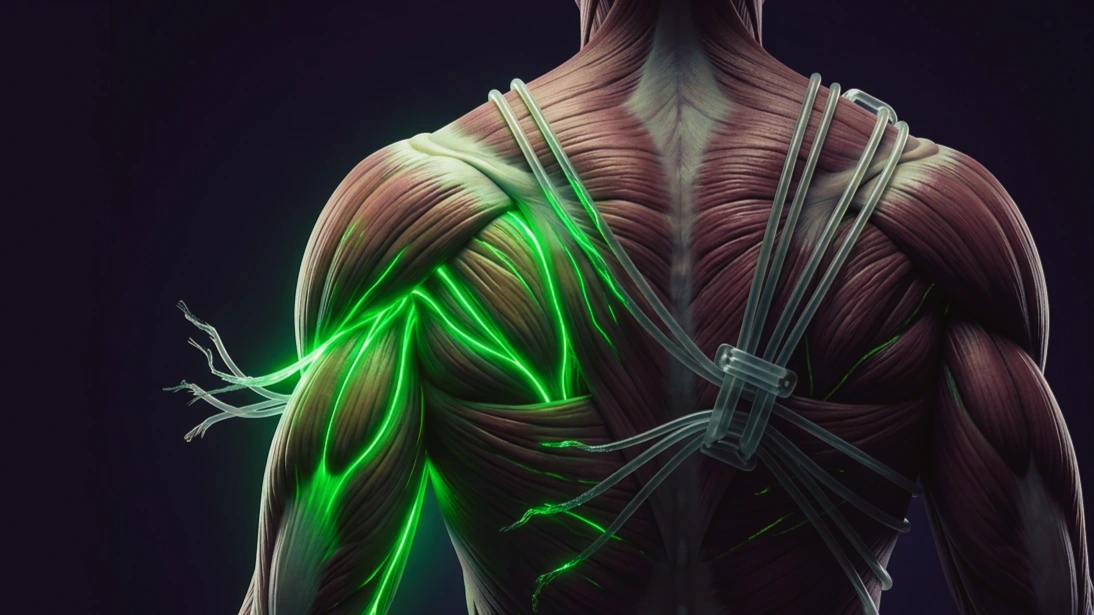 Anatomía muscular con hilos de señalización verde retenidos por cables biológicos, una mitad frenada y otra liberándose y creciendo.