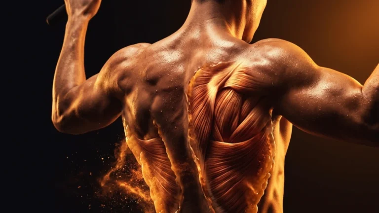 Torso y espalda musculados vistos de espaldas bajo luz dorada, con fibra muscular marcada mientras una capa de grasa se disuelve en partículas.