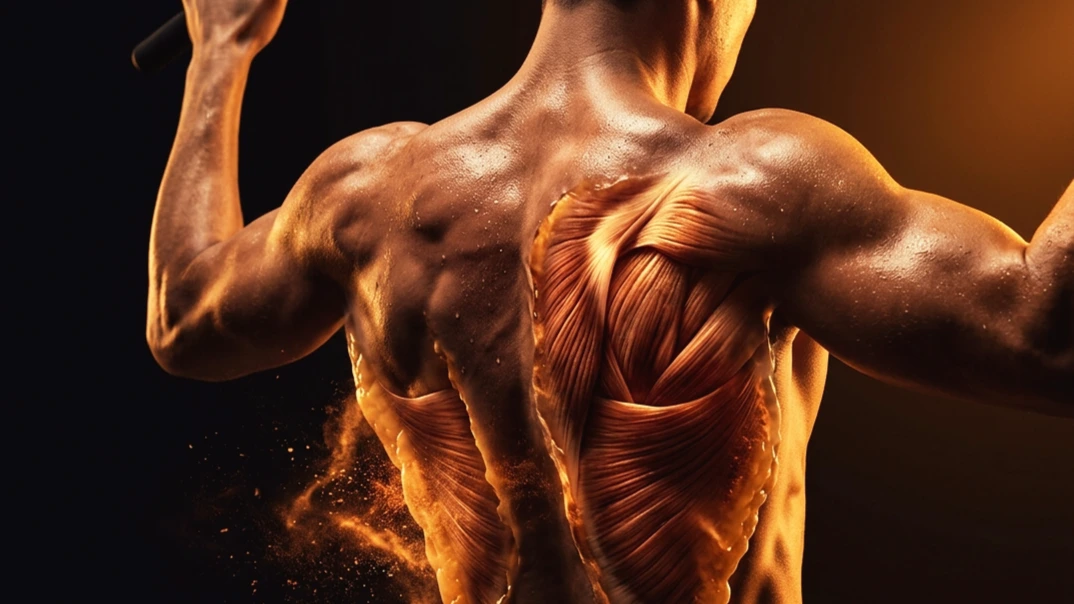 Torso y espalda musculados vistos de espaldas bajo luz dorada, con fibra muscular marcada mientras una capa de grasa se disuelve en partículas.