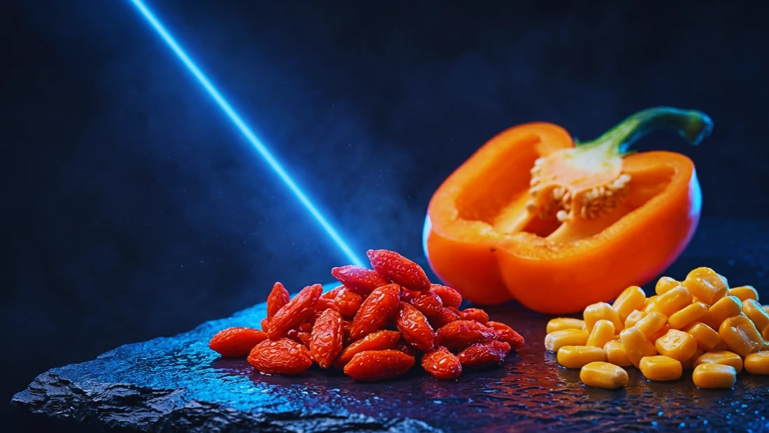 Bodegon editorial de las fuentes mas ricas en zeaxantina, bayas de goji rojas, medio pimiento naranja y granos de maiz dorado, atravesado por un haz de luz azul sobre pizarra oscura con iluminacion azul electrica.