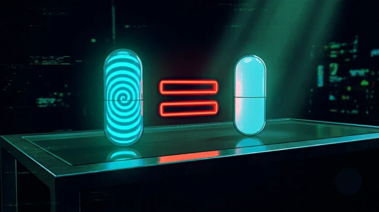 Dos capsulas identicas, una con una espiral en cian y otra lisa, separadas por un gran signo igual en rojo neon sobre fondo oscuro, estetica AKIRA, microdosing igual a placebo.