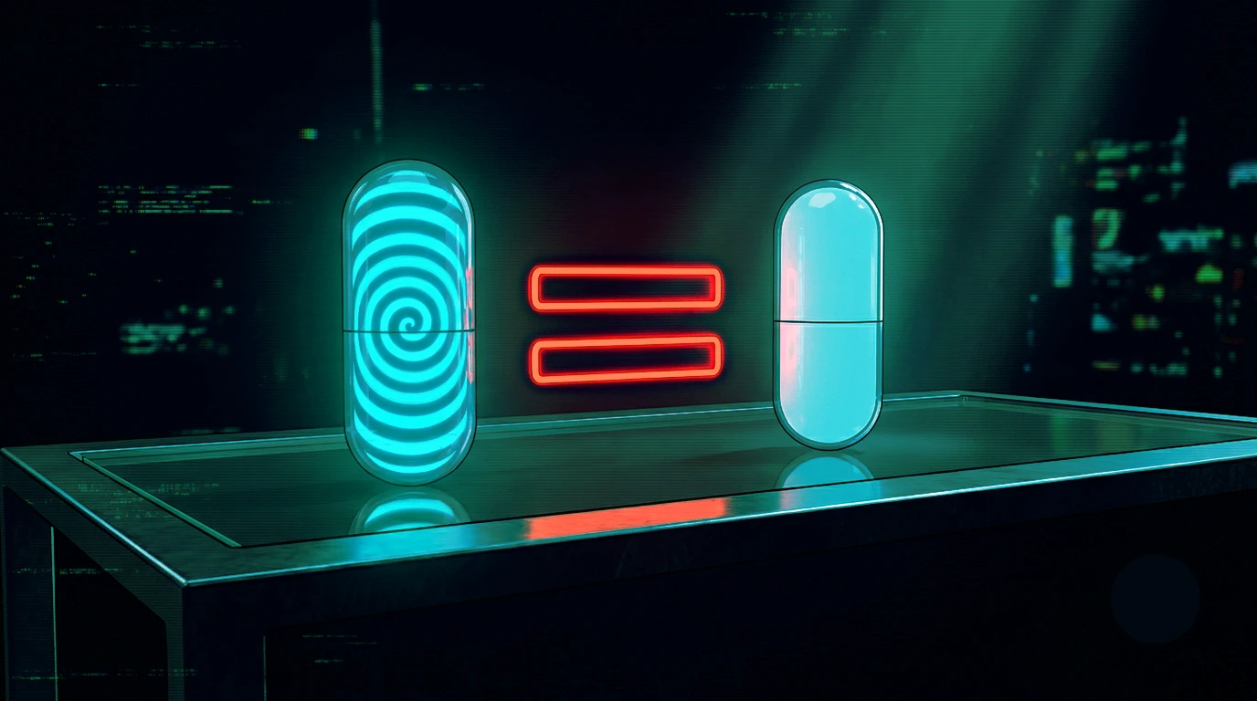 Dos capsulas identicas, una con una espiral en cian y otra lisa, separadas por un gran signo igual en rojo neon sobre fondo oscuro, estetica AKIRA, microdosing igual a placebo.