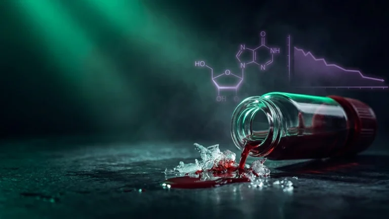 Vial de sangre derramada congelandose en cristales de hielo sobre superficie de laboratorio oscura, con luz verde editorial y una linea de grafico descendente difuminada al fondo, simbolizando la degradacion del NAD+ por congelacion de la muestra.