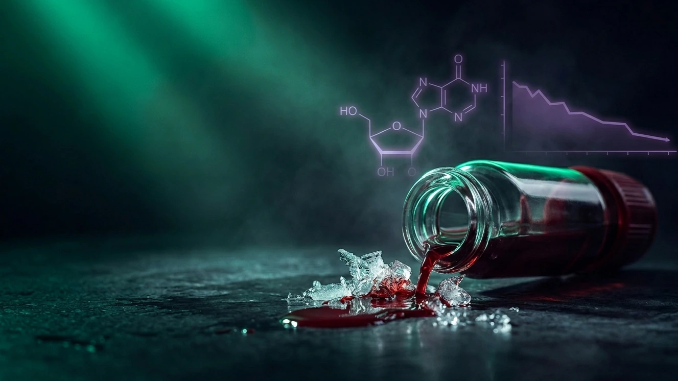Vial de sangre derramada congelandose en cristales de hielo sobre superficie de laboratorio oscura, con luz verde editorial y una linea de grafico descendente difuminada al fondo, simbolizando la degradacion del NAD+ por congelacion de la muestra.