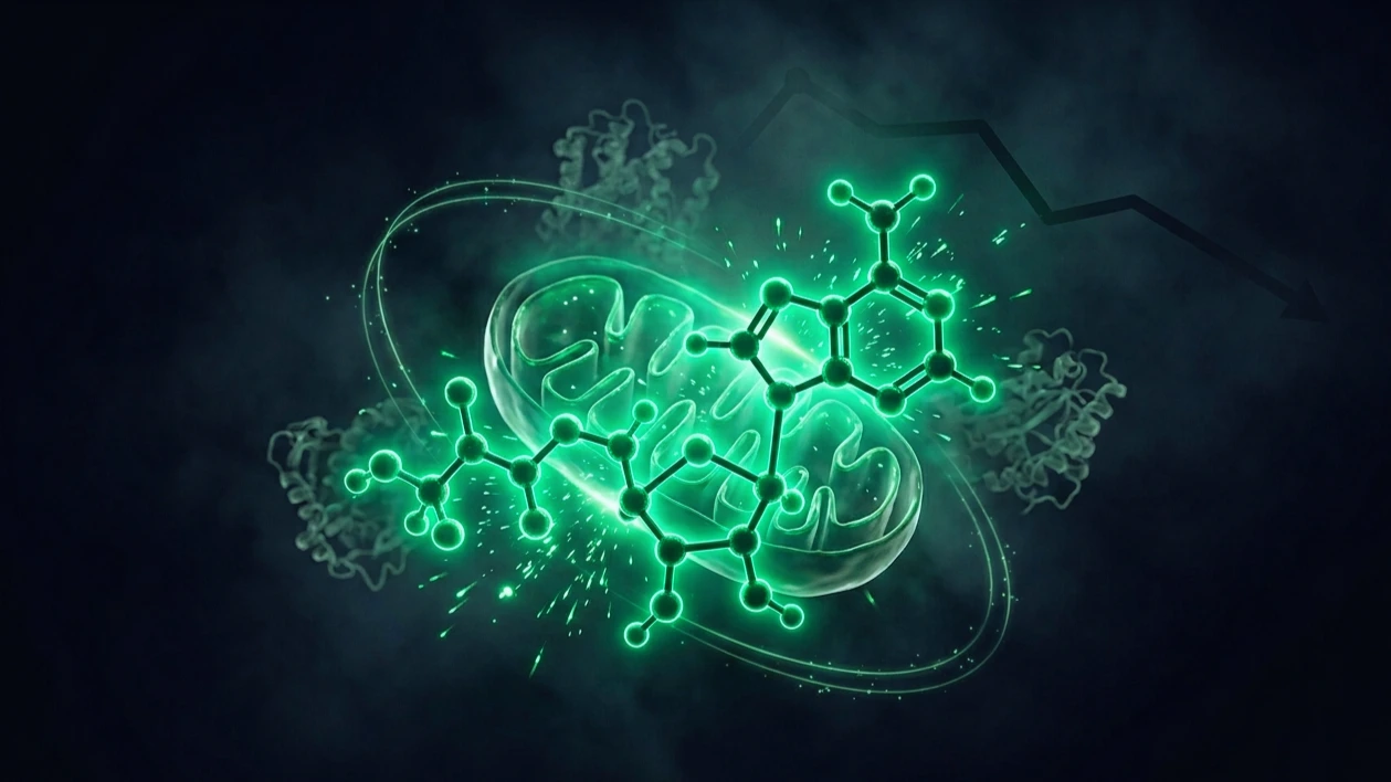 Molécula de la coenzima NAD+ en 3D en verde sobre fondo índigo, con una mitocondria detrás y arcos de transferencia de electrones, ilustrando su papel redox y su declive con la edad.