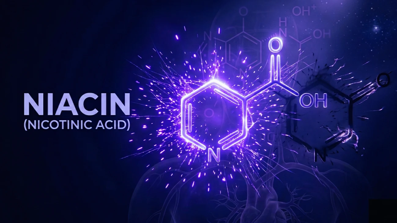 Molécula de niacina (vitamina B3) en 3D en violeta sobre fondo índigo, con un motivo de la coenzima NAD+ detrás y líneas vasculares, ilustrando la vitamina B3 y su relación con el metabolismo y el corazón.
