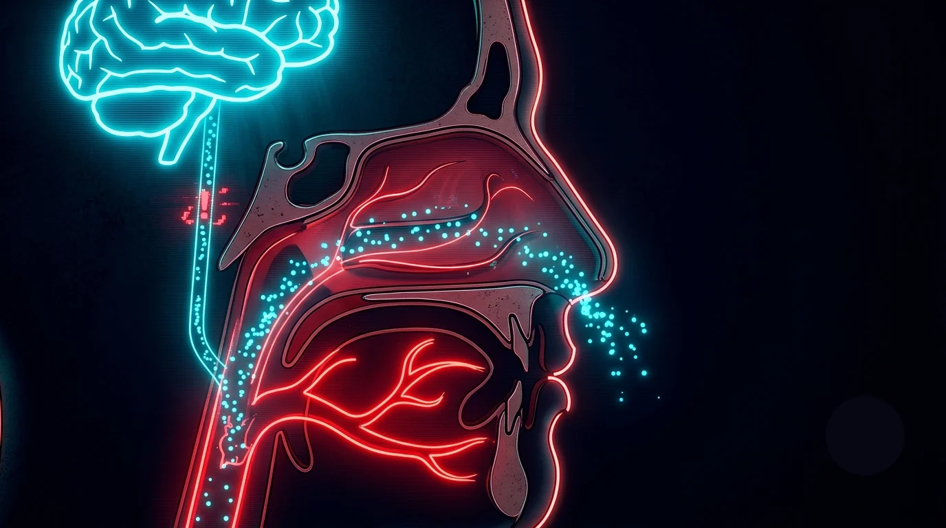 Corte esquematico de una cavidad nasal con particulas en cian, una via fina hacia un cerebro y la mayoria desviandose en rojo hacia la sangre, estetica AKIRA, nootropicos intranasales.