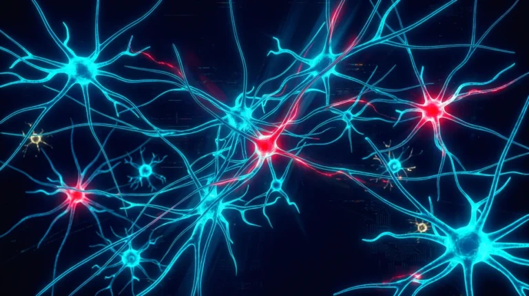 Red neuronal de sinapsis y cadenas peptidicas en cian con acentos en rojo neon y un nodo de advertencia sobre fondo oscuro, estetica AKIRA, nootropicos peptidicos.